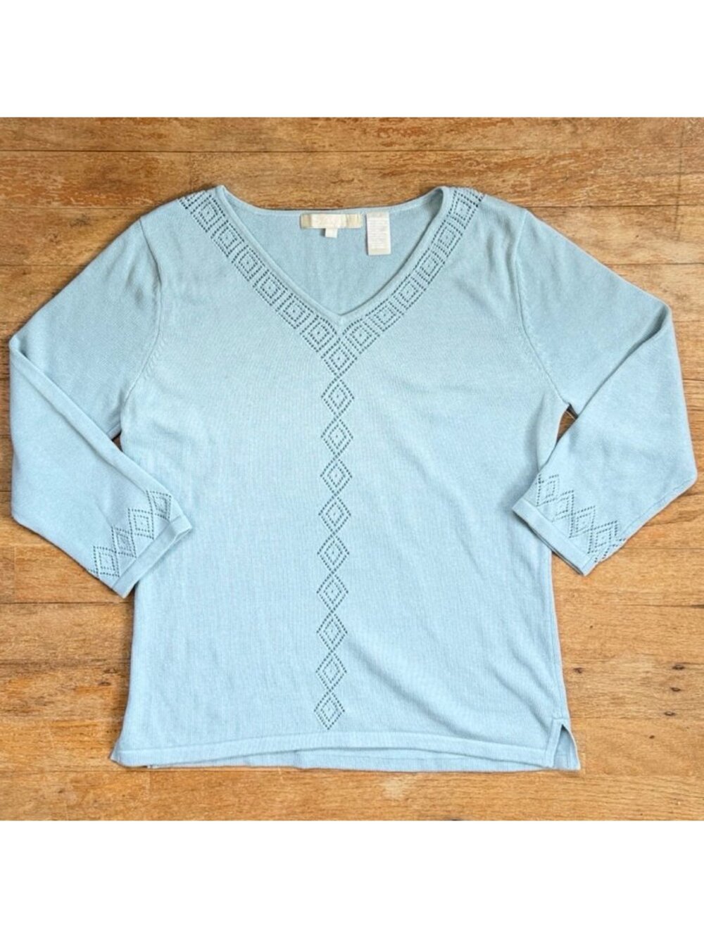 Vintage Light Blue Knit Cotton Sweater Top Size Small 90s Diamond Eyelet Cutout